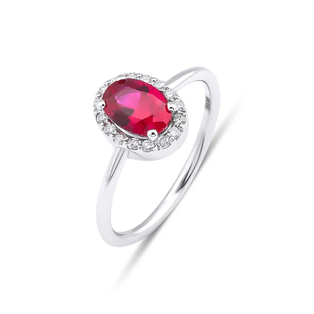 10k White Gold Oval Ruby with Diamond Halo Ring