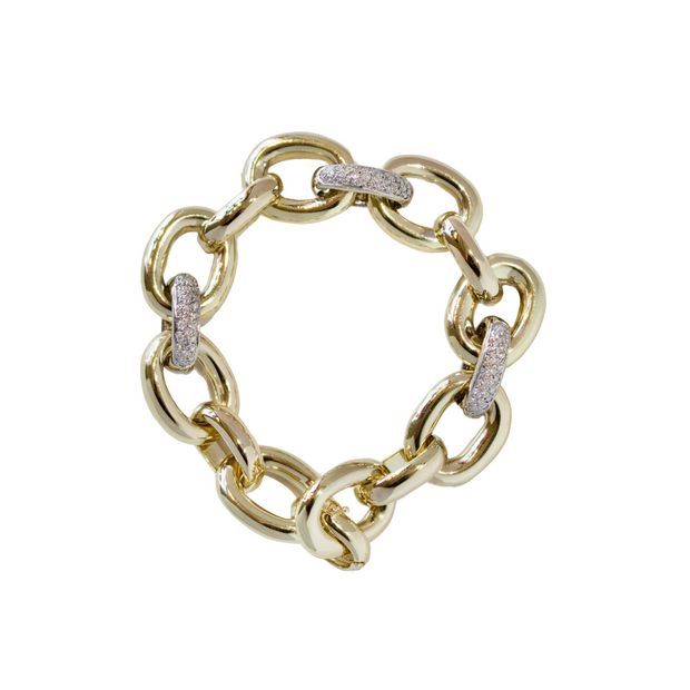 14k Yellow Gold Oval and Pave Diamond Link Bracelet