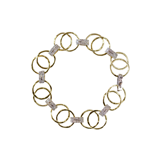 14k Yellow Gold Circle and Pave Diamond Link Bracelet