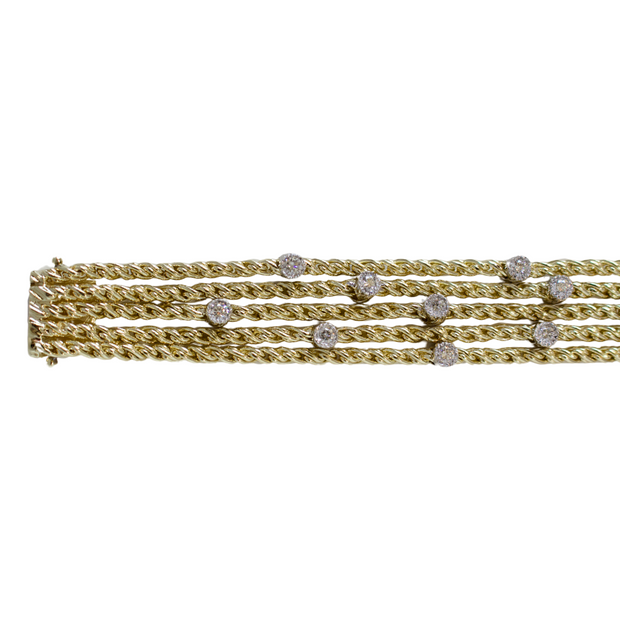 14k Two Tone Five Strand Rope Bracelet with Diamond Stations