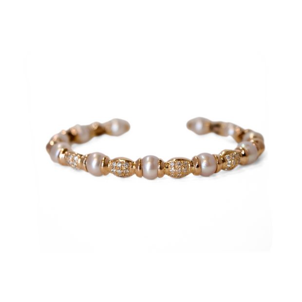 14k Gold Pearl and Pave Diamond Cuff Bracelet