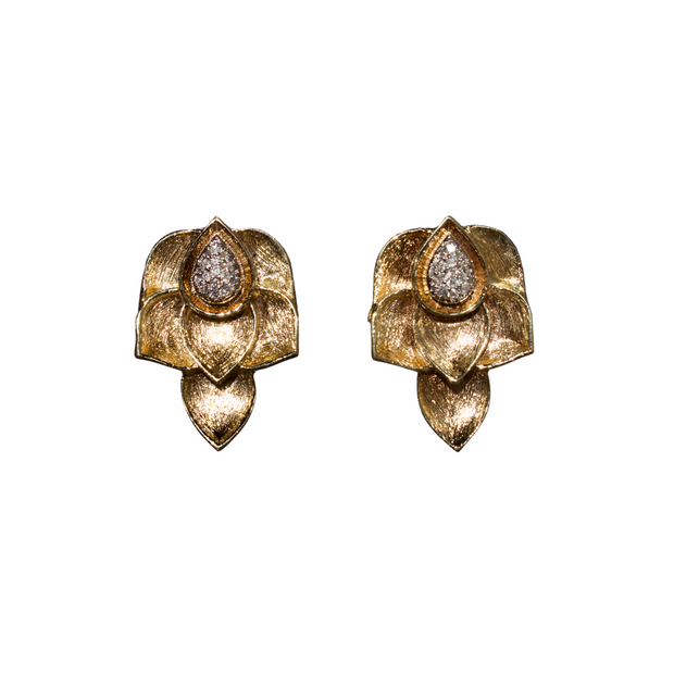 14k Yellow Gold Pave Diamond Floral Stud Earrings