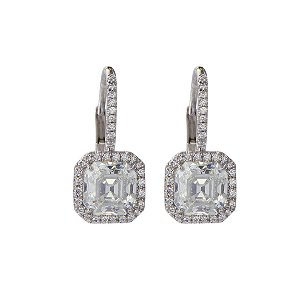 18kt White Gold Asscher Cut Diamond Halo Drop Earrings, 1.58TCW