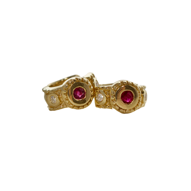 14k Yellow Gold Pink Sapphire and Diamond Small Hoop Earrings