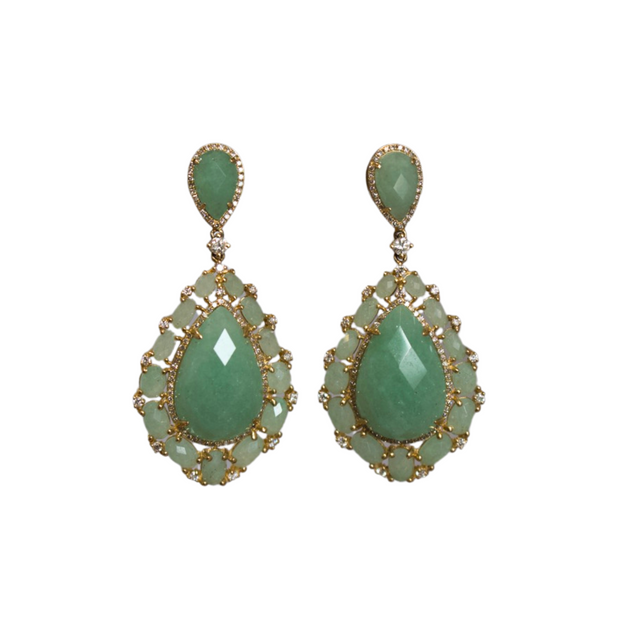 14k Yellow Gold Green Agate and Diamond Dangle Earring