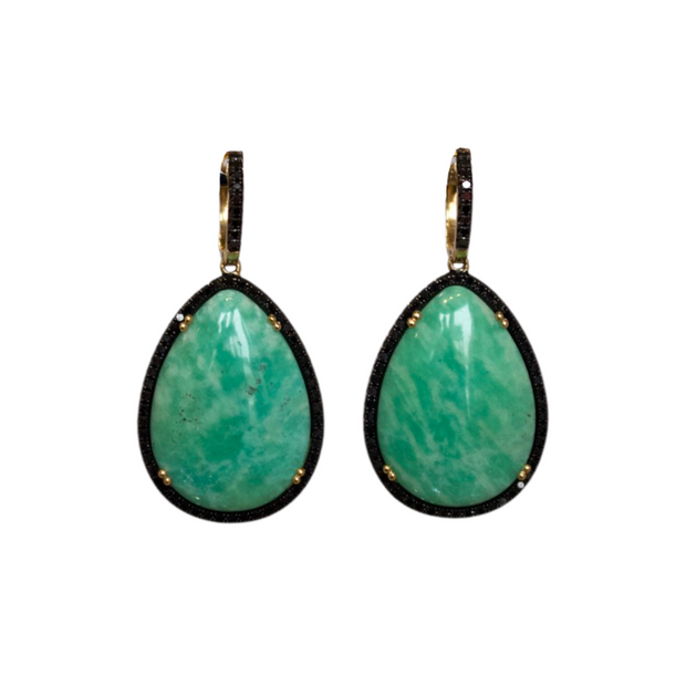 14k Yellow Gold Jade and Black Diamond Earrings