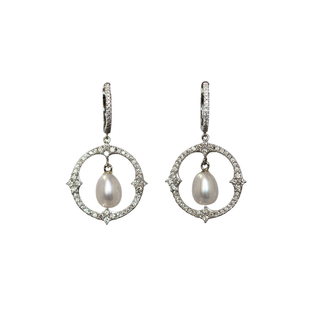 14k White Gold Pearl Drop and Diamond Earrings