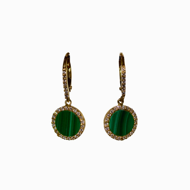 14k Yellow Gold Malachite and Diamond Drop Earrings