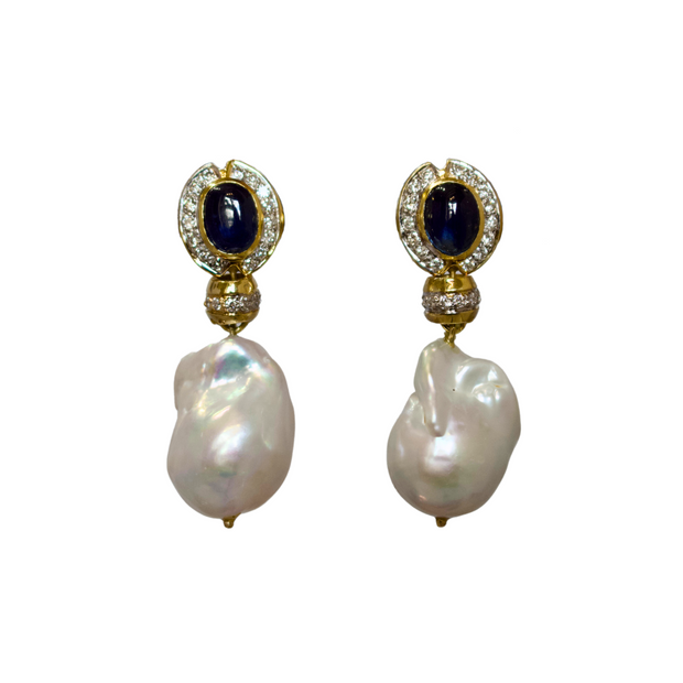 14k Yellow Gold Baroque Pearl, Sapphire, and Diamond Earrings