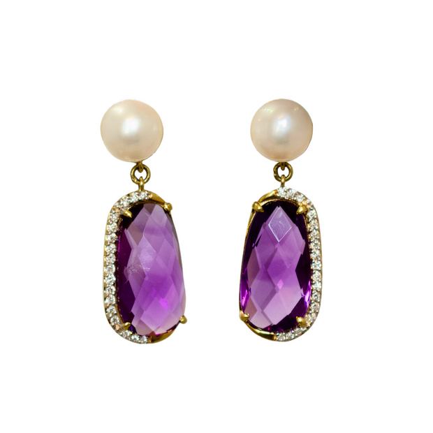 14k Yellow Gold Pearl, Amethyst, and Diamond Earrings