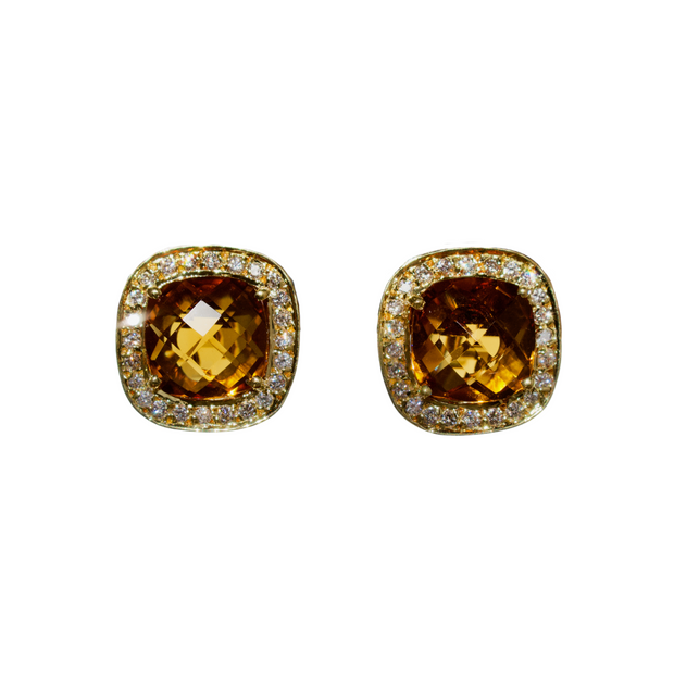 14k Yellow Gold Citrine and Diamond Stud Earrings