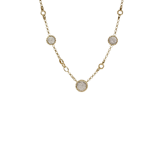 14k Yellow Gold and Three Pave Diamond Stations Necklace