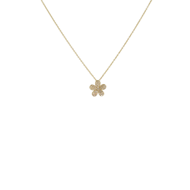 14k Yellow Gold Micro Pave Flower Necklace