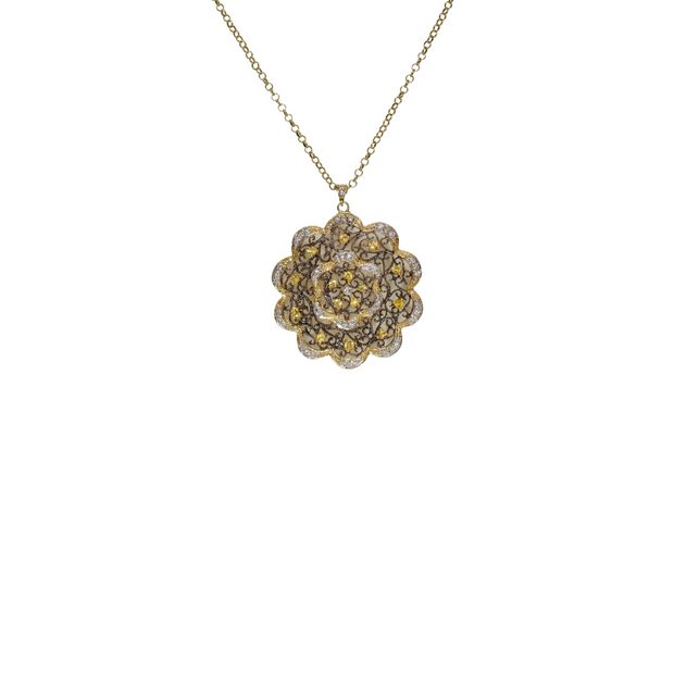 14k Yellow and White Gold Lace Flower Pendant Necklace