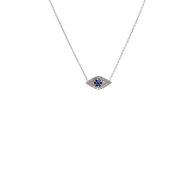 14k White Gold Pave Diamond and Sapphire Eye Pendant Necklace