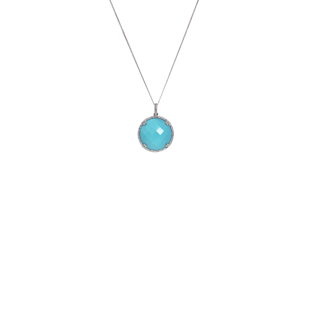 14k White Gold Turquoise and Diamond Pendant Necklace