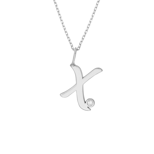 14k Gold Beze Set Diamond Initial Necklace - Script Font