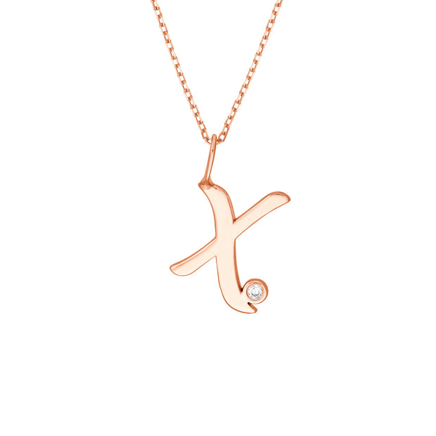 14k Gold Beze Set Diamond Initial Necklace - Script Font
