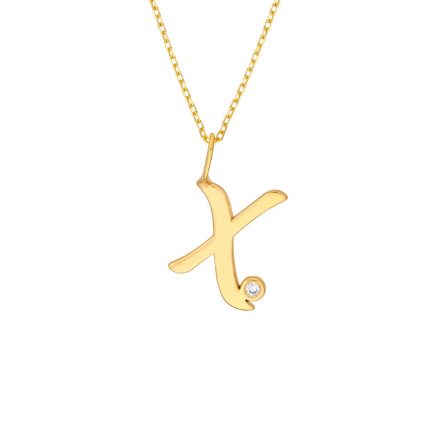14k Gold Beze Set Diamond Initial Necklace - Script Font
