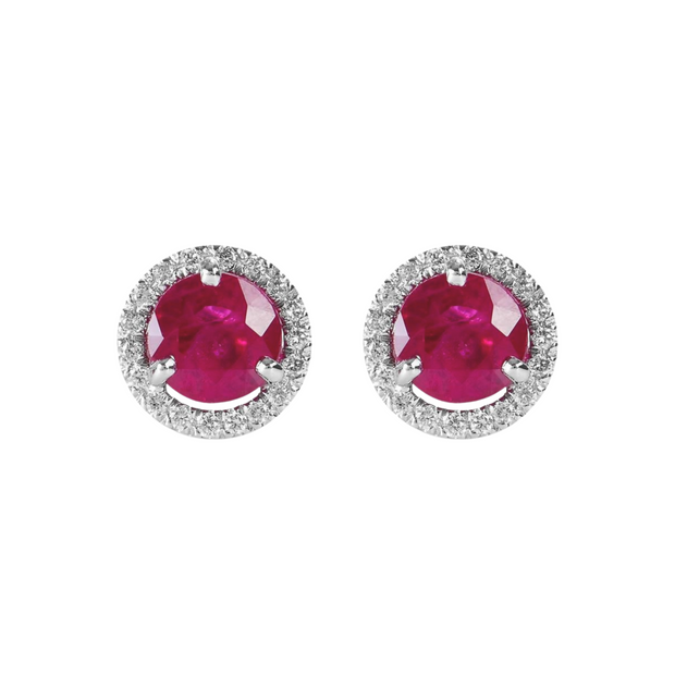 18k White Gold Ruby Stud Earrings with Diamond Halo
