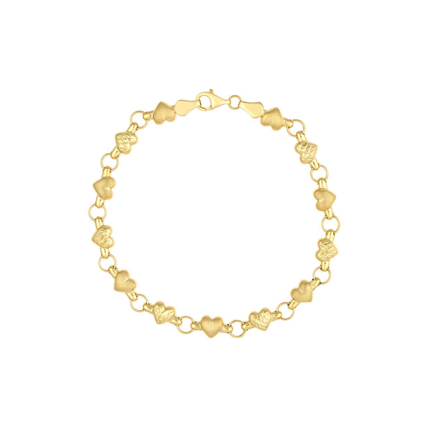 14k Yellow Gold Diamond Cut and Satin Hearts Bracelet