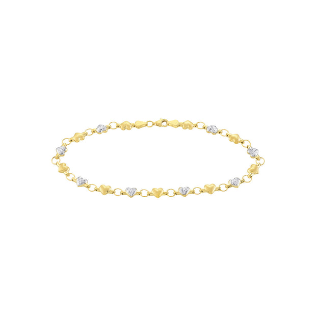 14k Gold Diamond Cut and Satin Hearts Ankle Bracelet