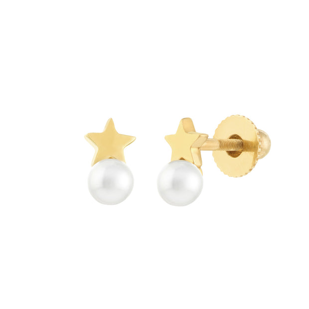 14k Yellow Gold Children's Star and Pearl Earrings