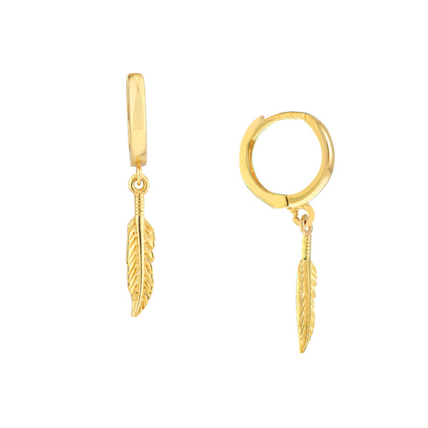 14k Yellow Gold Feather Drop Earrings