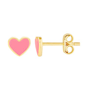 14k Yellow Gold and Pink Enamel Heart Earrings