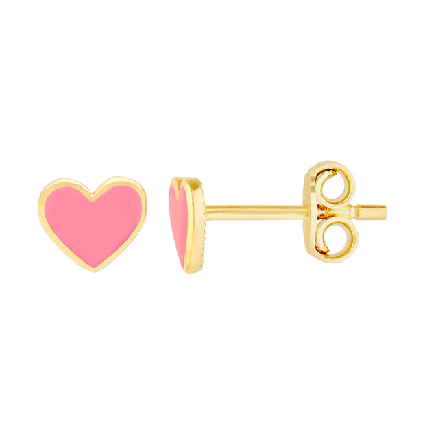 14k Yellow Gold and Pink Enamel Heart Earrings