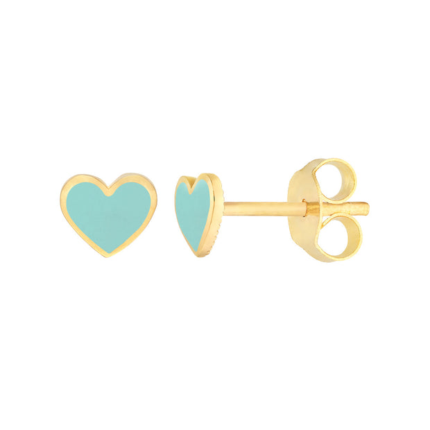 14K Yellow Gold Turquoise Enamel Heart Stud Earrings