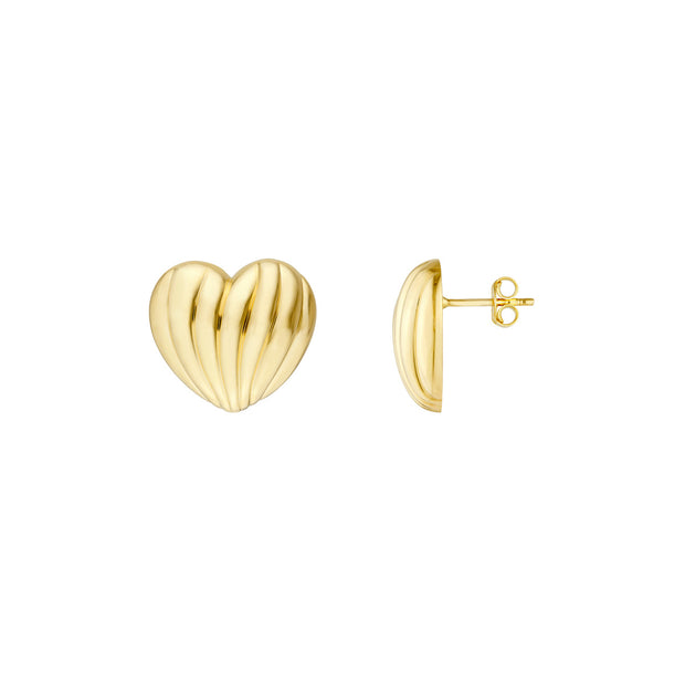 14k Yellow Gold Fluted Heart Stud Earrings