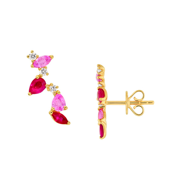 14k Yellow Gold Ruby and Sapphire Blossom Earrings