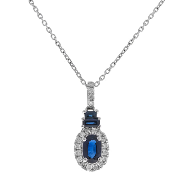 14k White Gold Oval Sapphire and Diamond Halo Pendant Necklace