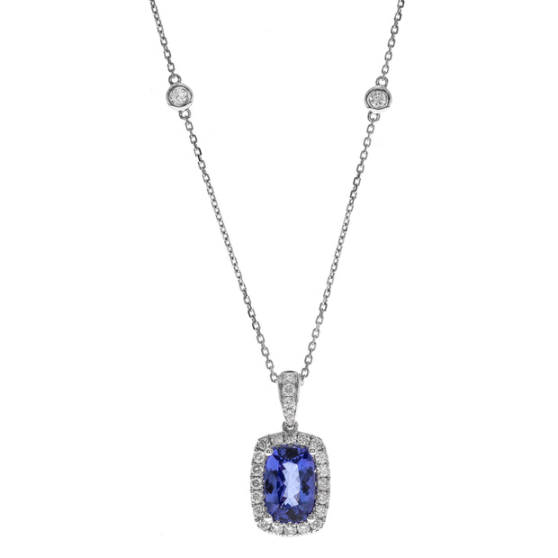 18k White Gold Elongated Cushion Cut Tanzanite and Diamond Pendant Necklace