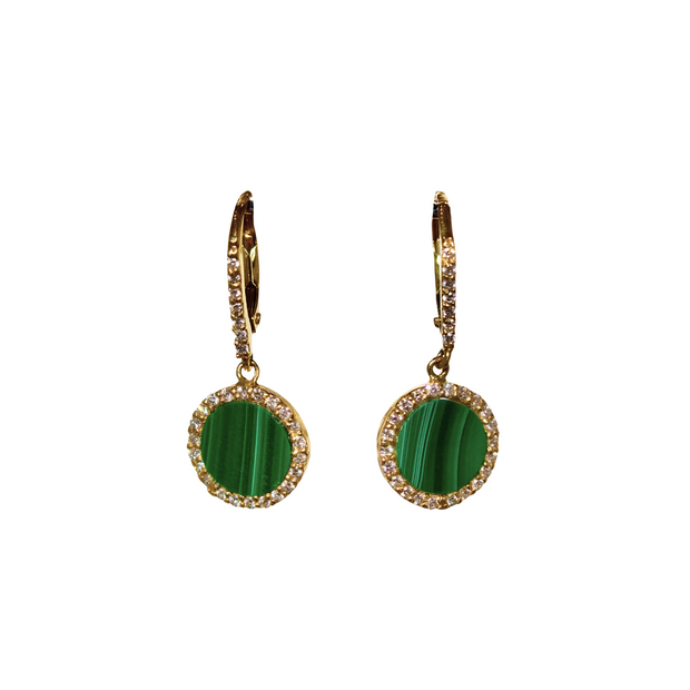 14k Yellow Gold Malachite and Diamond Drop Earrings