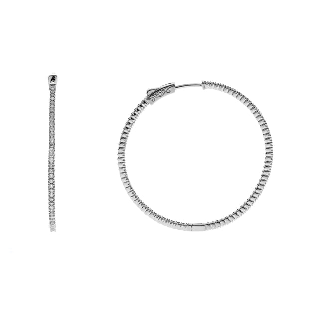 14k White Gold Round Inside Out Diamond Hoops, 1.12ctw