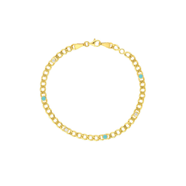 14k Yellow Gold Turquoise Enamel and Diamond Curb Bracelet