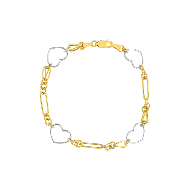 14k Yellow and White Gold Heart Link Bracelet