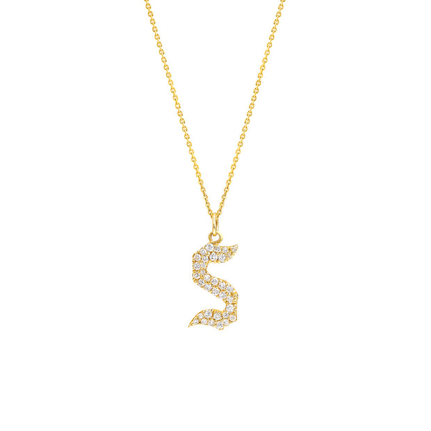 14k Yellow Gold Gothic Diamond Pave Initial Necklace