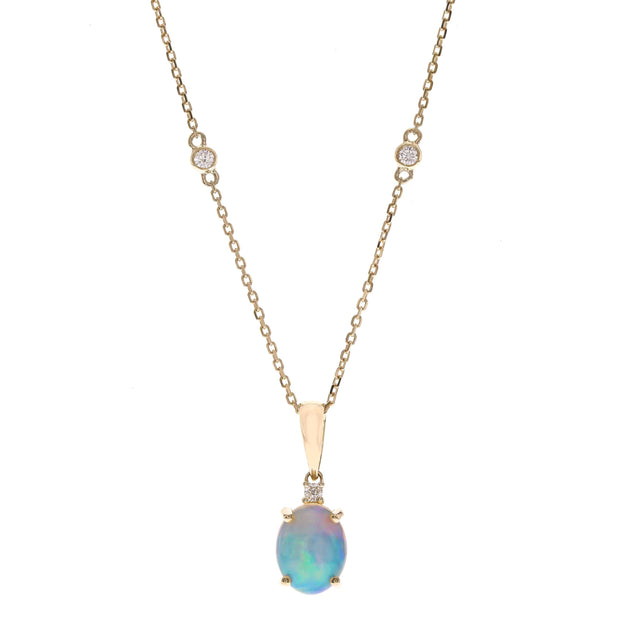 14k Yellow Gold Oval Cut Opal and Diamond Accented Necklace