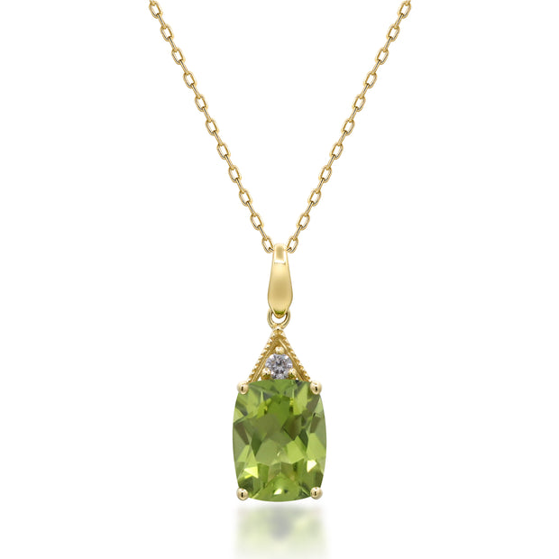 14k Yellow Gold Elongated Cushion Cut Peridot and Diamond Necklace