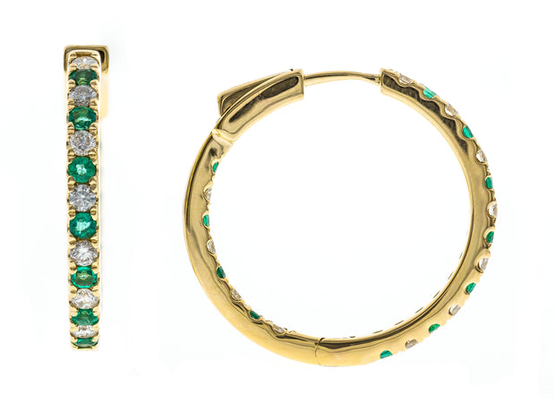 14k Yellow Gold Emerald and Diamond Inside Out Hoops