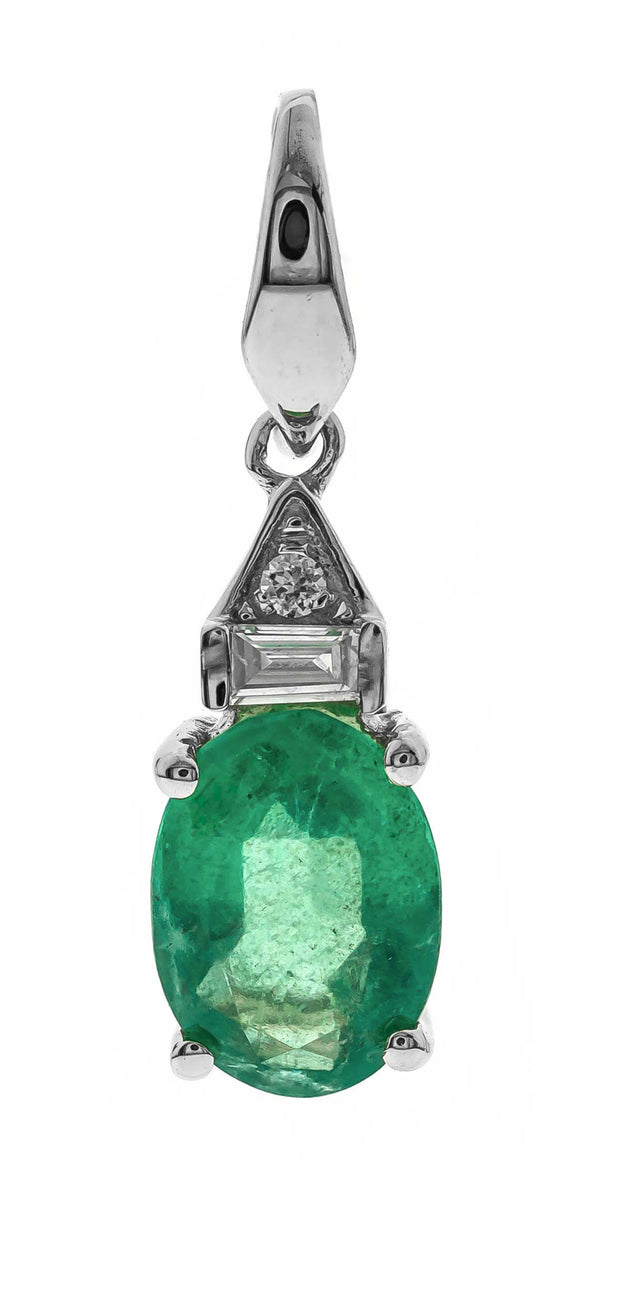 14k White Gold Oval Cut Emerald Pendant with Diamond Accents Necklace