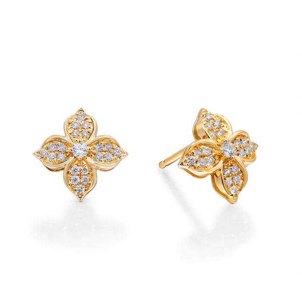 14k Yellow Gold Pave Diamond Flower Studs