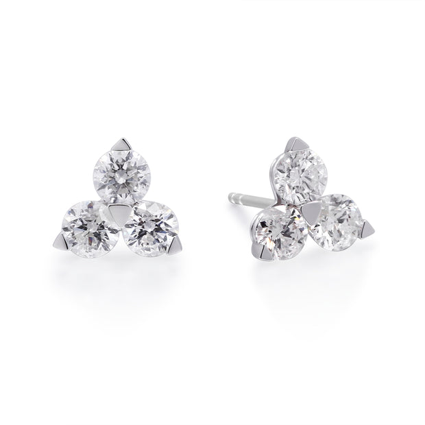 14k White Gold Three Diamond Cluster Stud Earrings, 1.19ctw