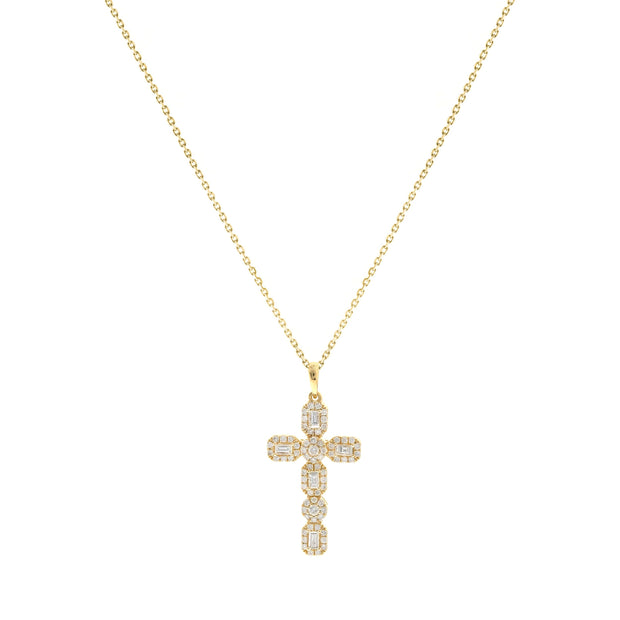 14k Yellow Gold Round and Baguette Diamond Cross