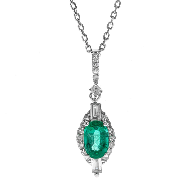 14k White Gold Emerald and Diamond Pendant Necklace