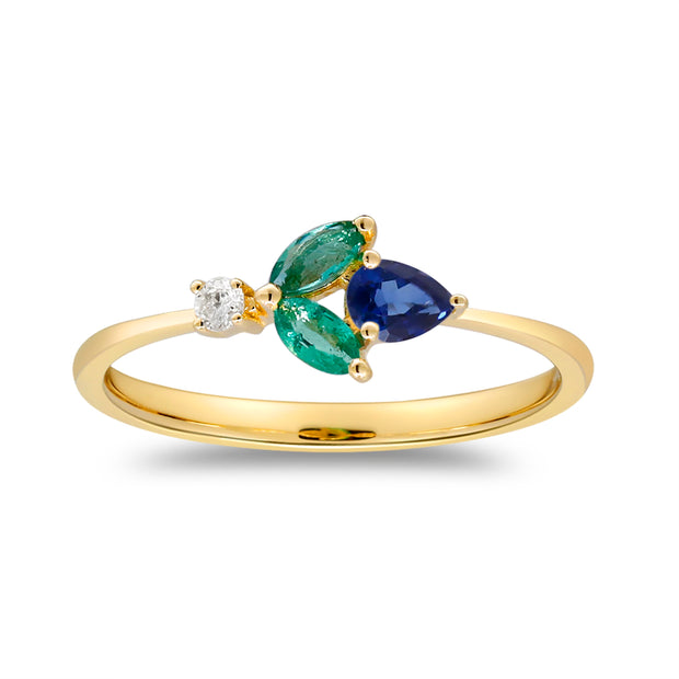 14k Yellow Gold Dainty Emerald, Sapphire, and Diamond Ring