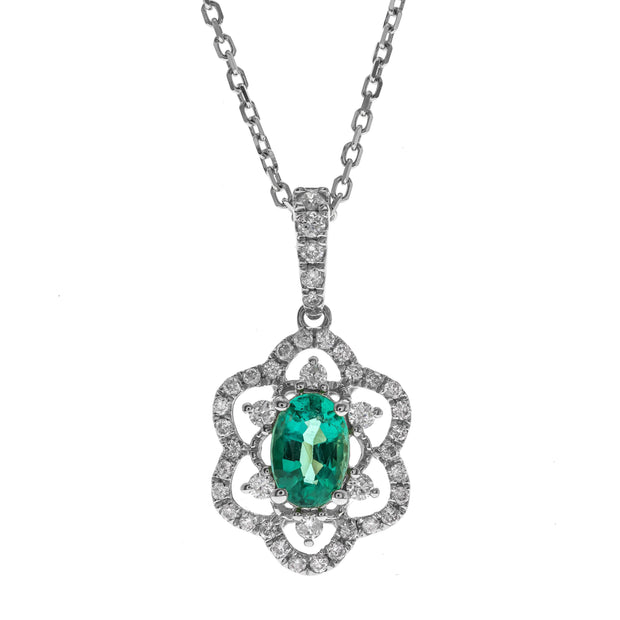 14k White Gold Emerald and Flower Diamond Pendant Necklace